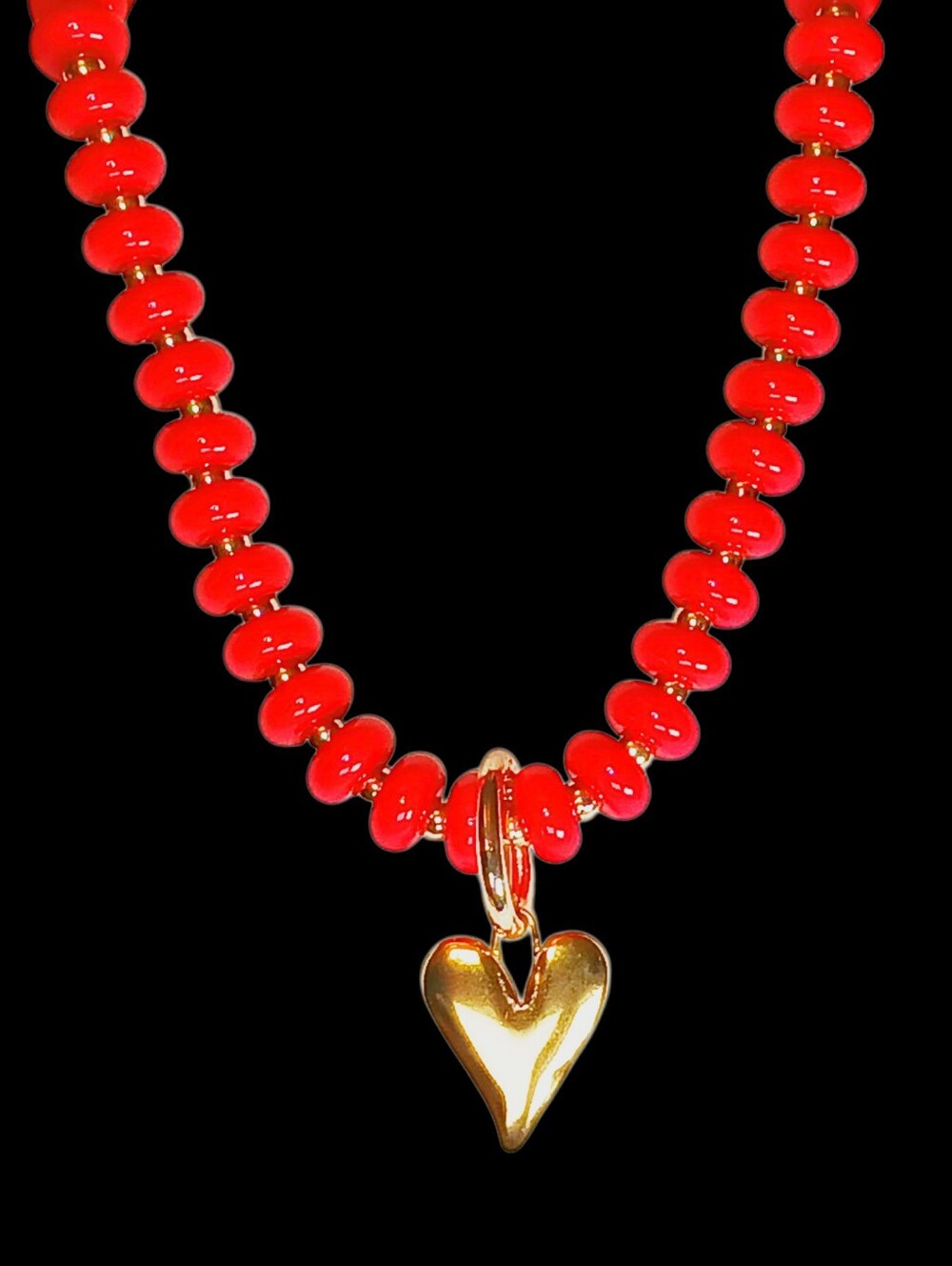Cherry Red Beaded Necklace Gold Heart Charm Y2k Streetwear Whimsygoth Romantic